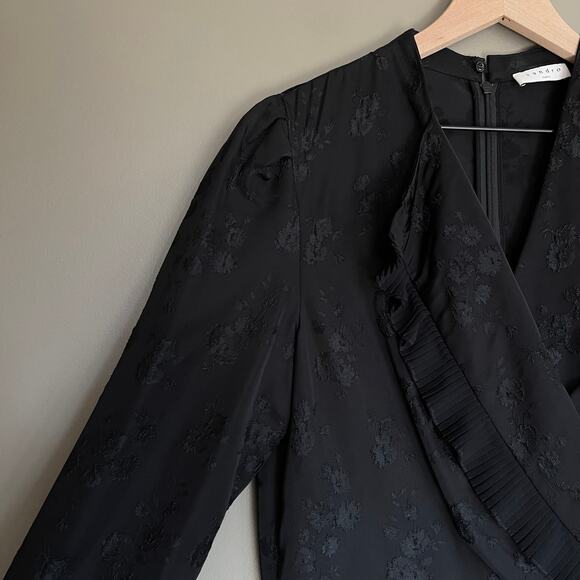 Sandro Wells Dress Black Jacquard Size 8 Long Sleeve Wrap Pleated Chic French - Picture 11 of 16